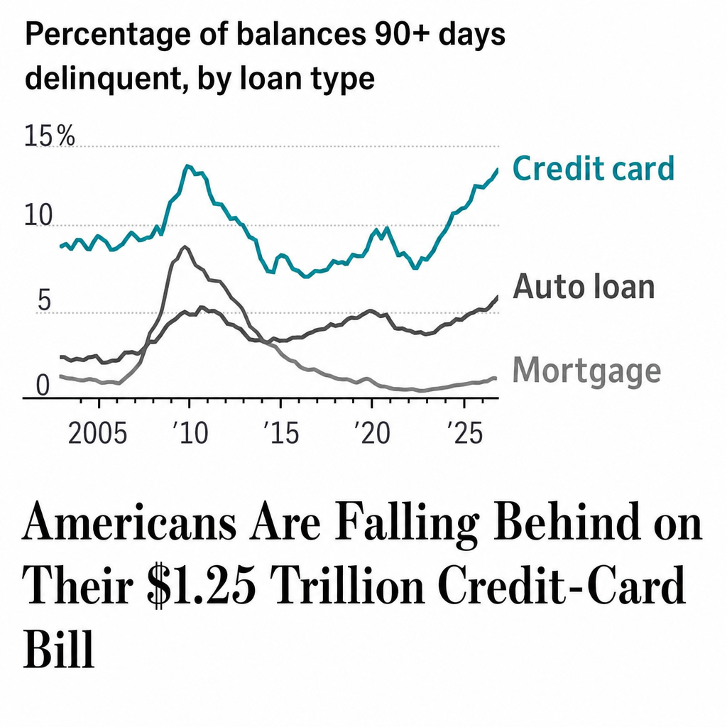 Wall Street Journal chart titled "Percentage of balances 90+ days delinquent by loan type," showing US credit card delinquency rising to its highest level since the 2008 financial crisis, well above auto loans and mortgages